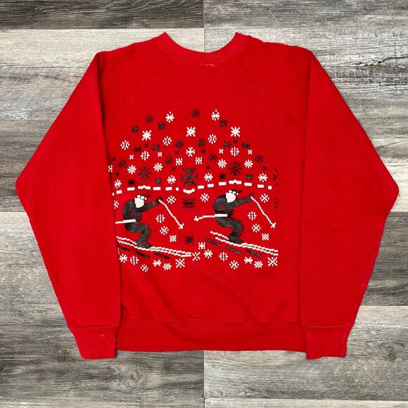 Vintage 80s‎ Ski Snowflakes Red Men M Pixelated Sweatshirt Retro Alaska Crewneck - Picture 1 of 5
